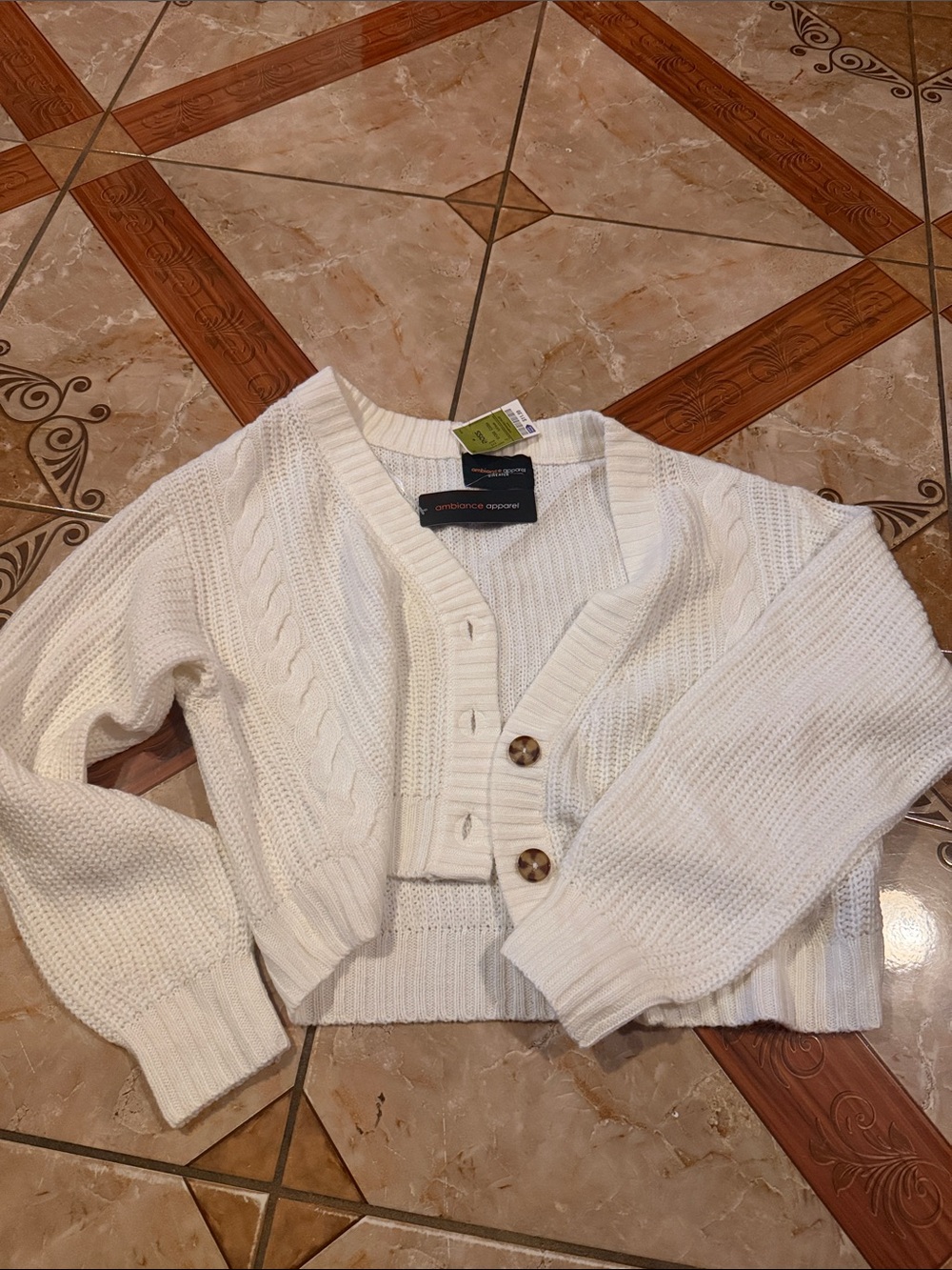 Ambiance Cream Cable Knit Cropped Button Cardigan